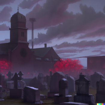DALL·E 2022-09-24 22.47.59 - A graveyard at night. Zombies everywhere. A small church with red-lit windows is in the background. sharp focus, wide shot, trending on artstation, ma.png