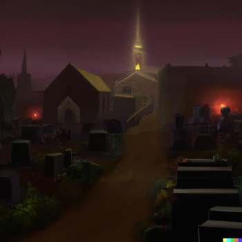 DALL·E 2022-09-24 22.48.07 - A graveyard at night. Zombies everywhere. A small church with red-lit windows is in the background. sharp focus, wide shot, trending on artstation, ma.png