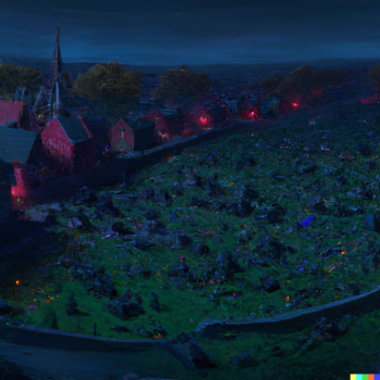 DALL·E 2022-09-24 22.48.20 - A graveyard at night. Zombies everywhere. A small church with red-lit windows is in the background. sharp focus, wide shot, trending on artstation, ma.png