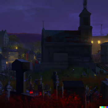 DALL·E 2022-09-24 22.48.14 - A graveyard at night. Zombies everywhere. A small church with red-lit windows is in the background. sharp focus, wide shot, trending on artstation, ma.png