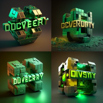 3D logo for computergame &quot;Discovery&quot;, blockstyle, greenish, minecraft, realistic lighting, 8k, shiny
